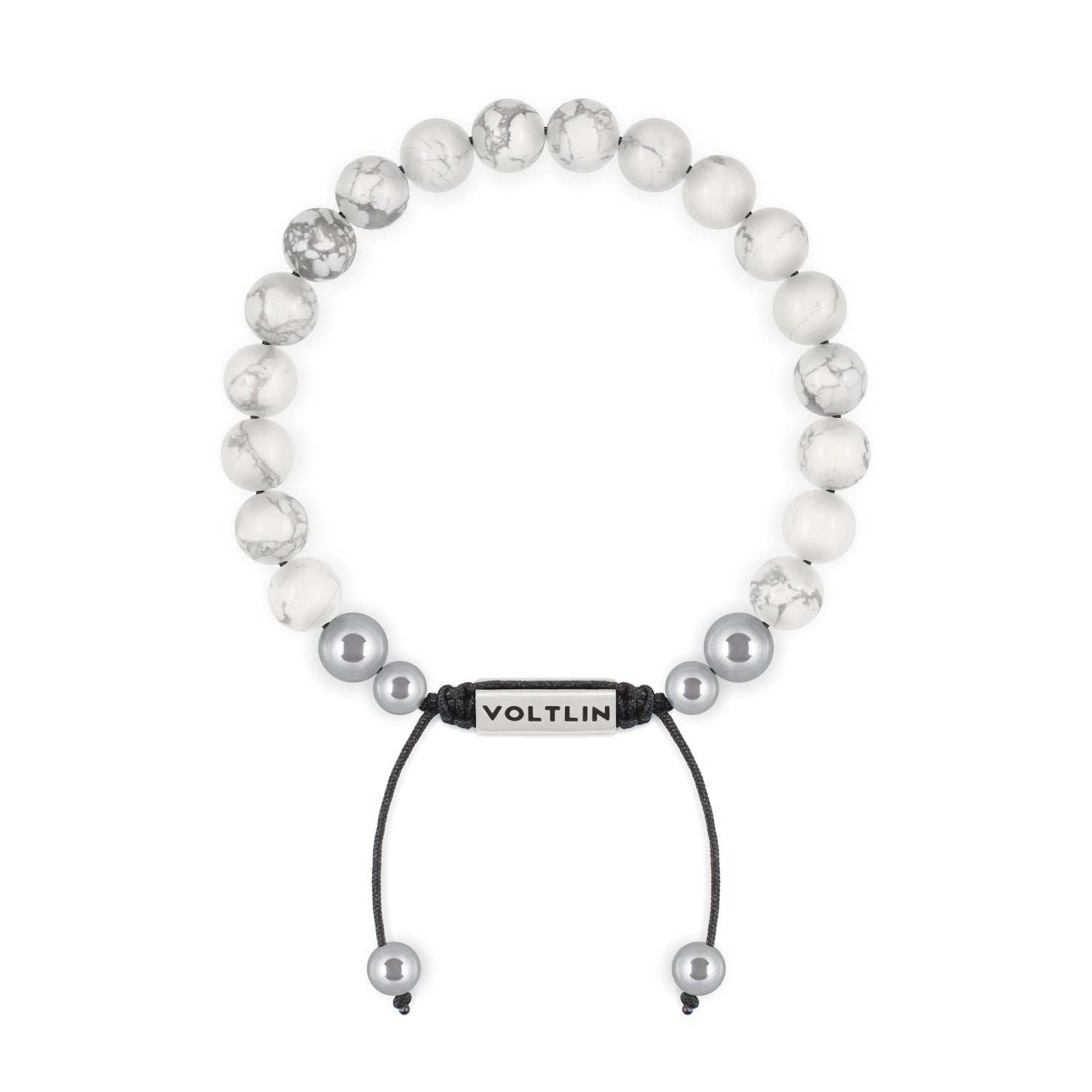 Front view of an 8mm Howlite beaded shamballa bracelet with silver stainless steel logo bead made by Voltlin
