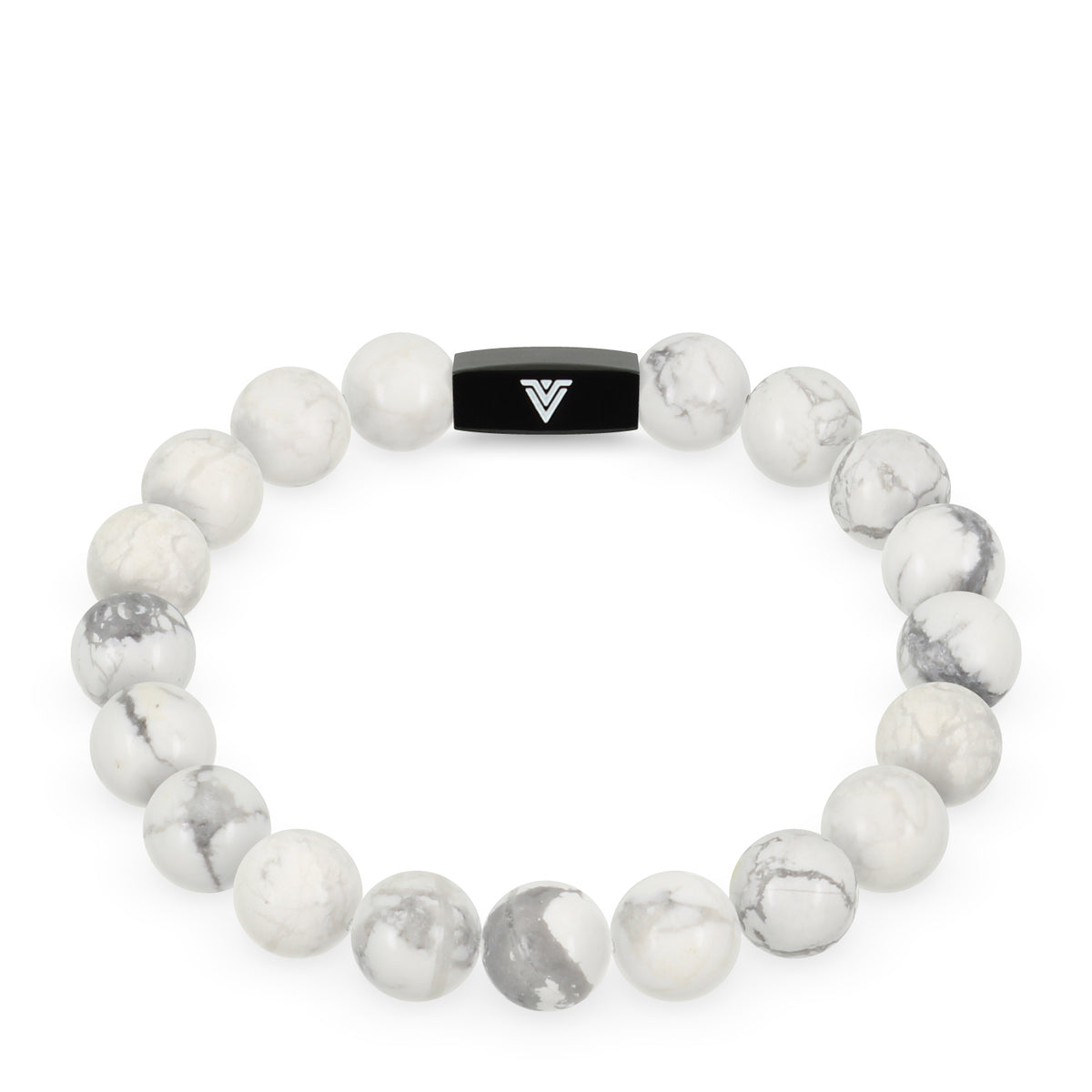 Front view of a 10mm Howlite crystal beaded stretch bracelet with black stainless steel logo bead made by Voltlin