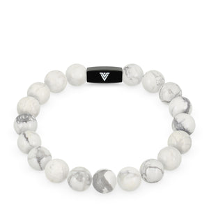 Front view of a 10mm Howlite crystal beaded stretch bracelet with black stainless steel logo bead made by Voltlin