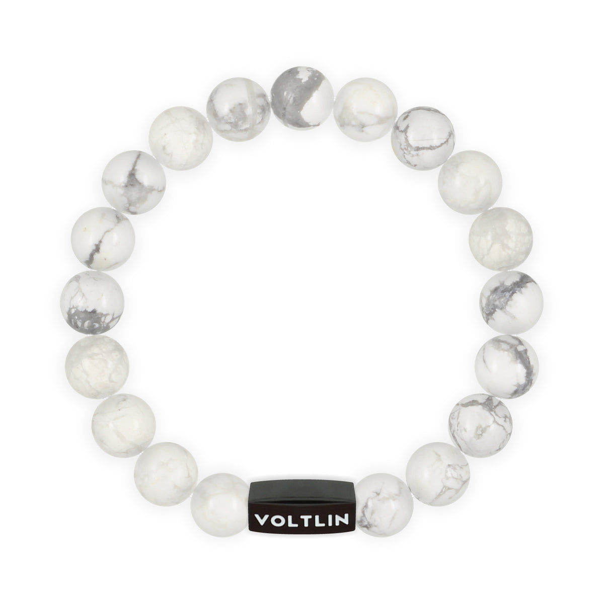 Top view of a 10mm Howlite crystal beaded stretch bracelet with black stainless steel logo bead made by Voltlin