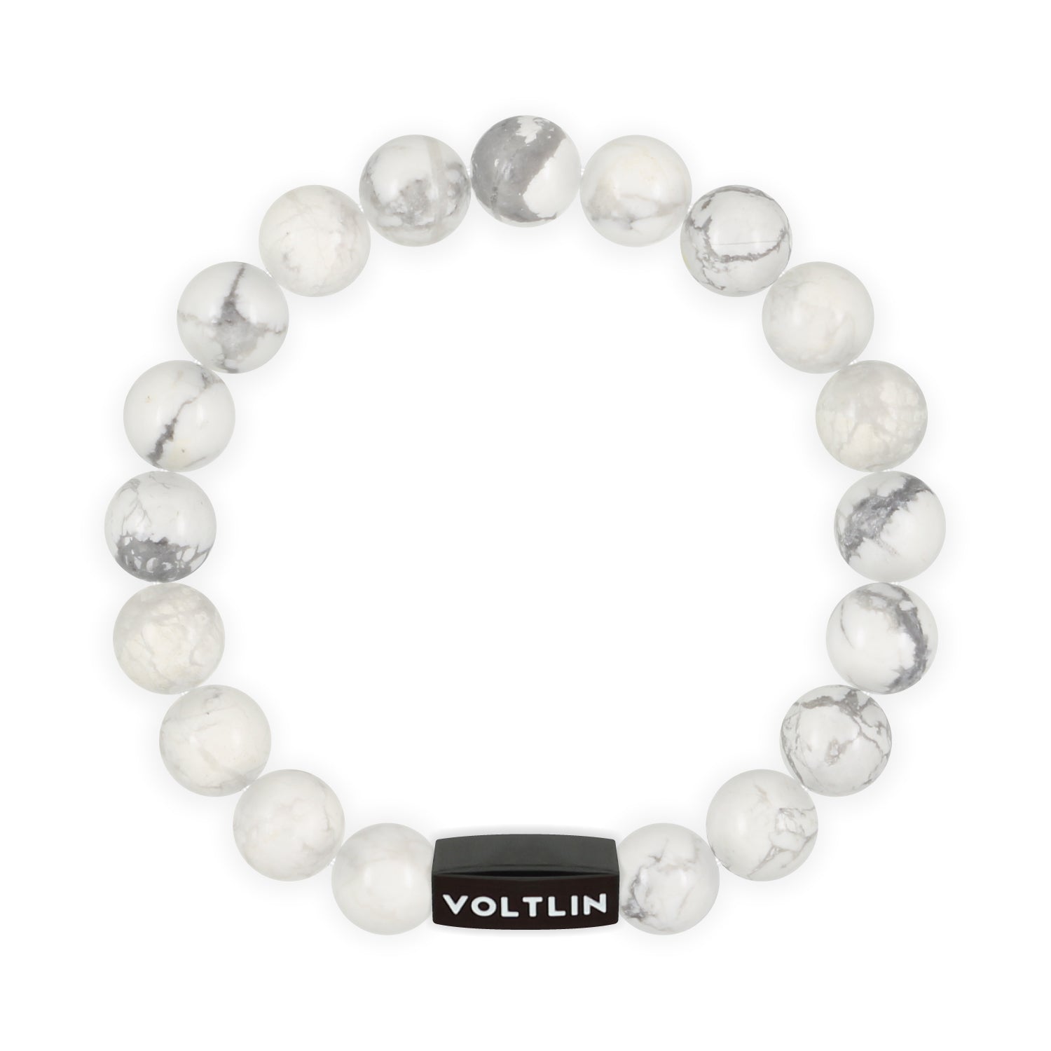 Top view of a 10mm Howlite crystal beaded stretch bracelet with black stainless steel logo bead made by Voltlin