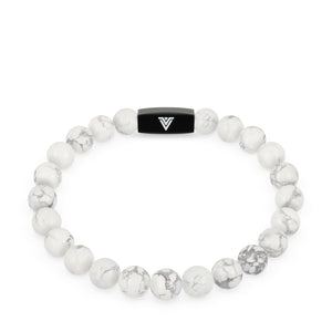 Front view of an 8mm Howlite crystal beaded stretch bracelet with black stainless steel logo bead made by Voltlin