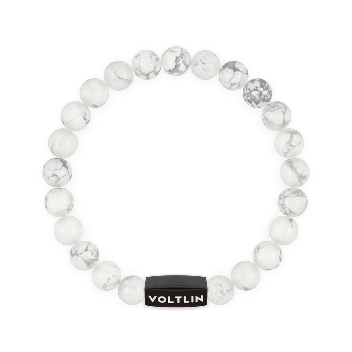 Top view of an 8mm Howlite crystal beaded stretch bracelet with black stainless steel logo bead made by Voltlin