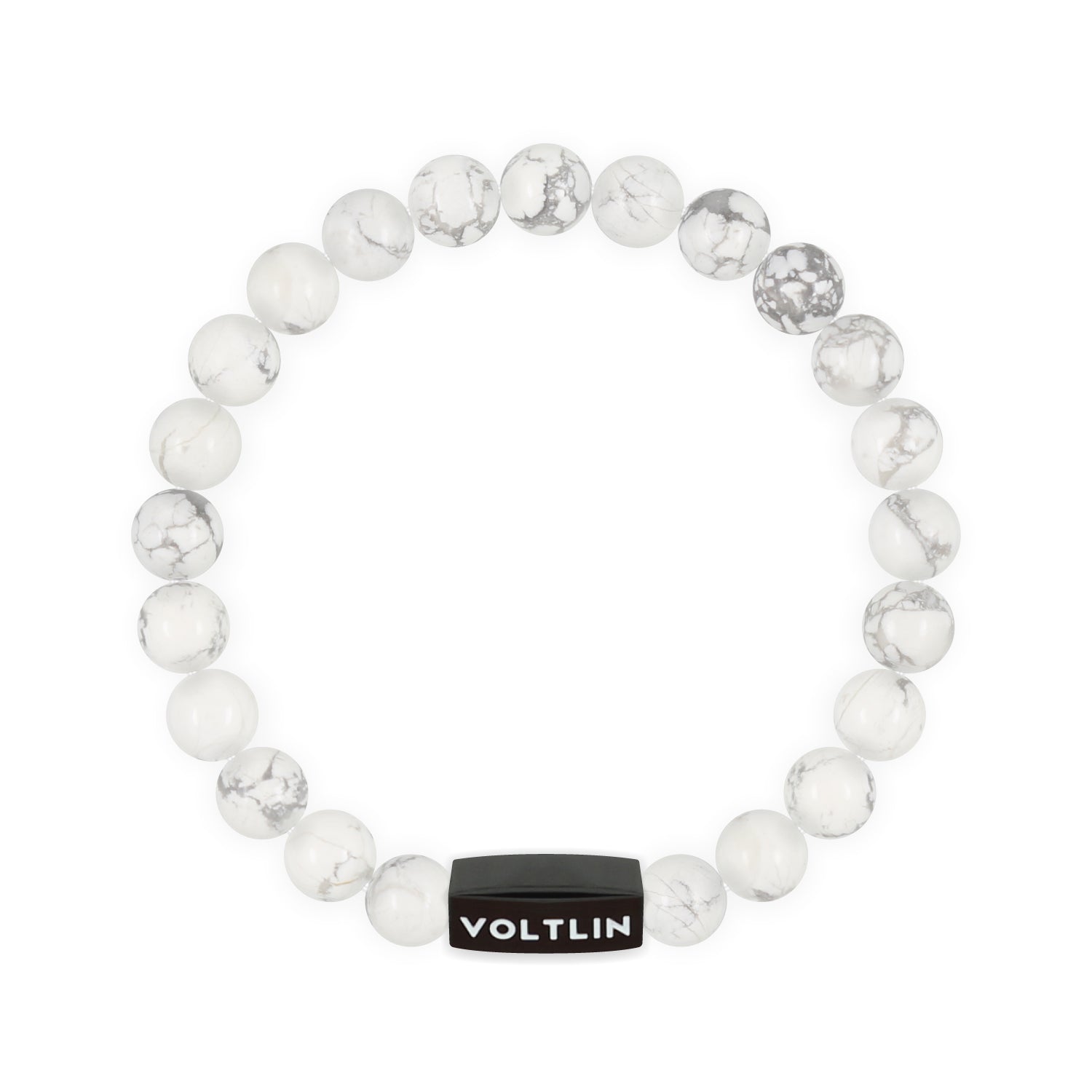 Top view of an 8mm Howlite crystal beaded stretch bracelet with black stainless steel logo bead made by Voltlin