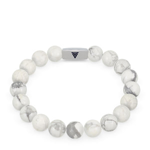 Front view of a 10mm Howlite beaded stretch bracelet with silver stainless steel logo bead made by Voltlin