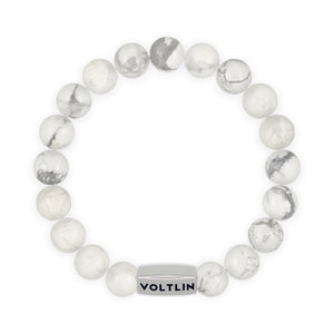 Top view of a 10mm Howlite beaded stretch bracelet with silver stainless steel logo bead made by Voltlin