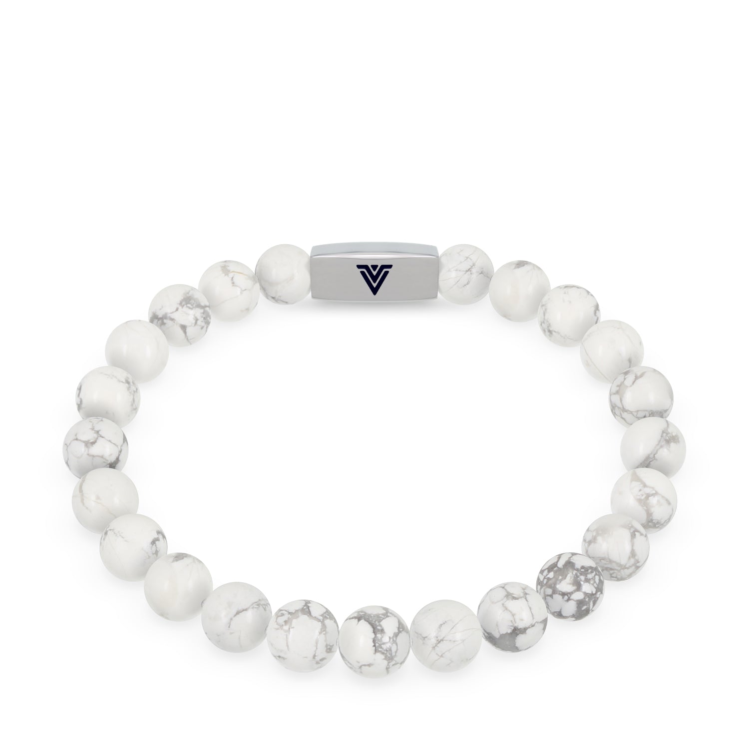 Front view of an 8mm Howlite beaded stretch bracelet with silver stainless steel logo bead made by Voltlin