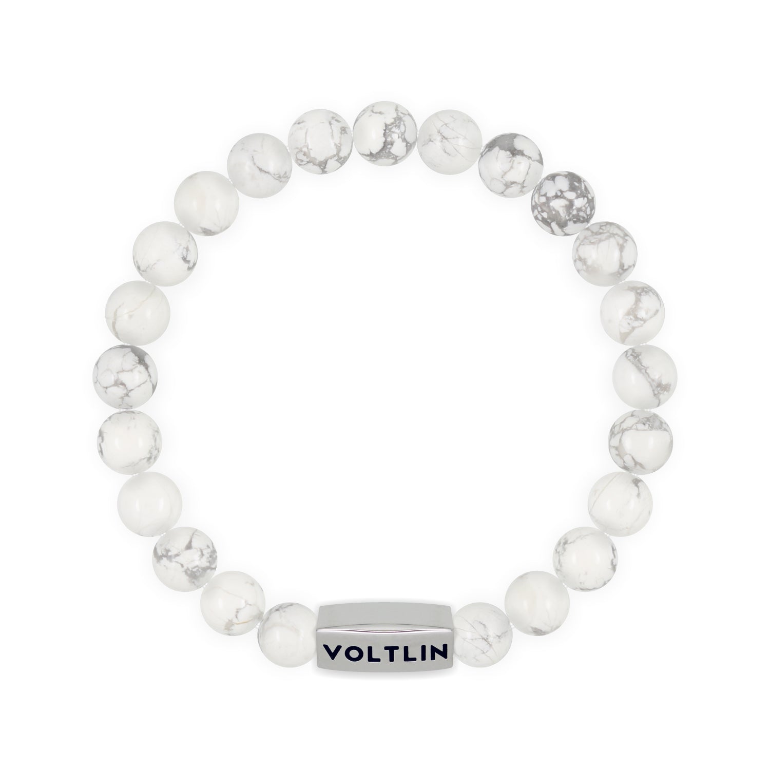 Front view of an 8mm Howlite beaded stretch bracelet with silver stainless steel logo bead made by Voltlin