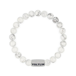 Top view of an 8mm Howlite beaded stretch bracelet with silver stainless steel logo bead made by Voltlin