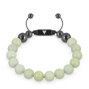 Front view of a 10mm Jade crystal beaded shamballa bracelet with black stainless steel logo bead made by Voltlin