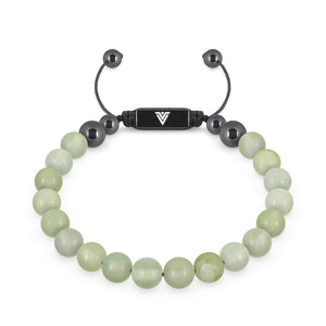 Front view of an 8mm Jade crystal beaded shamballa bracelet with black stainless steel logo bead made by Voltlin