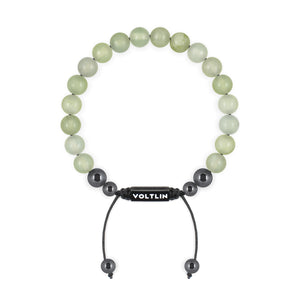 Top view of an 8mm Jade crystal beaded shamballa bracelet with black stainless steel logo bead made by Voltlin