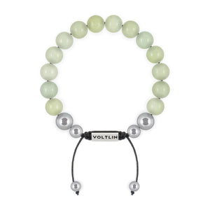 Top view of a 10mm Jade beaded shamballa bracelet with silver stainless steel logo bead made by Voltlin
