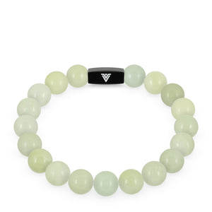 Front view of a 10mm Jade crystal beaded stretch bracelet with black stainless steel logo bead made by Voltlin