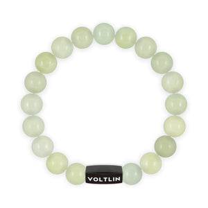 Top view of a 10mm Jade crystal beaded stretch bracelet with black stainless steel logo bead made by Voltlin
