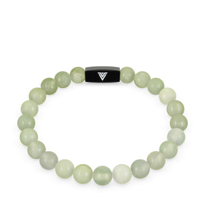 Front view of an 8mm Jade crystal beaded stretch bracelet with black stainless steel logo bead made by Voltlin