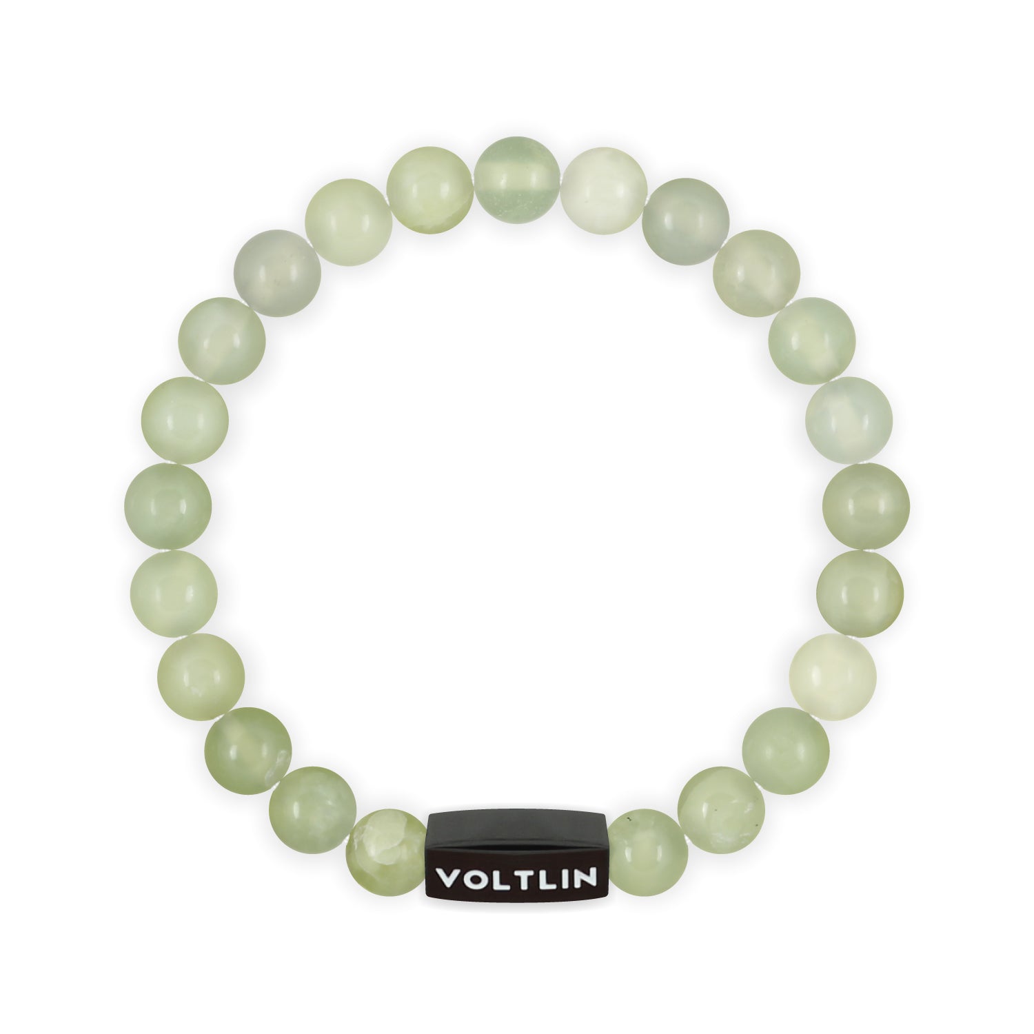 Top view of an 8mm Jade crystal beaded stretch bracelet with black stainless steel logo bead made by Voltlin