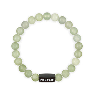 Top view of an 8mm Jade crystal beaded stretch bracelet with black stainless steel logo bead made by Voltlin