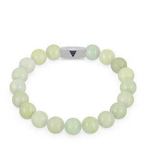 Front view of a 10mm Jade beaded stretch bracelet with silver stainless steel logo bead made by Voltlin