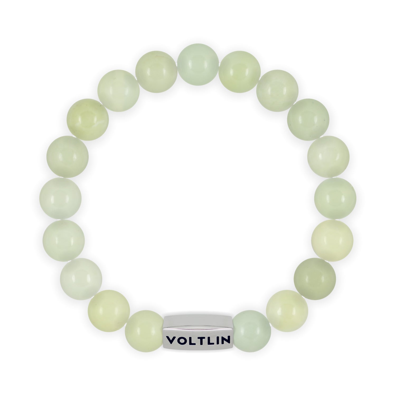Top view of a 10mm Jade beaded stretch bracelet with silver stainless steel logo bead made by Voltlin