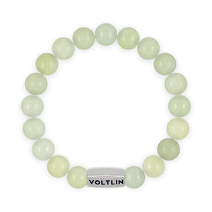 Top view of a 10mm Jade beaded stretch bracelet with silver stainless steel logo bead made by Voltlin