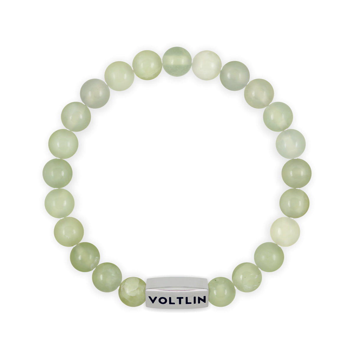 Top view of an 8mm Jade beaded stretch bracelet with silver stainless steel logo bead made by Voltlin