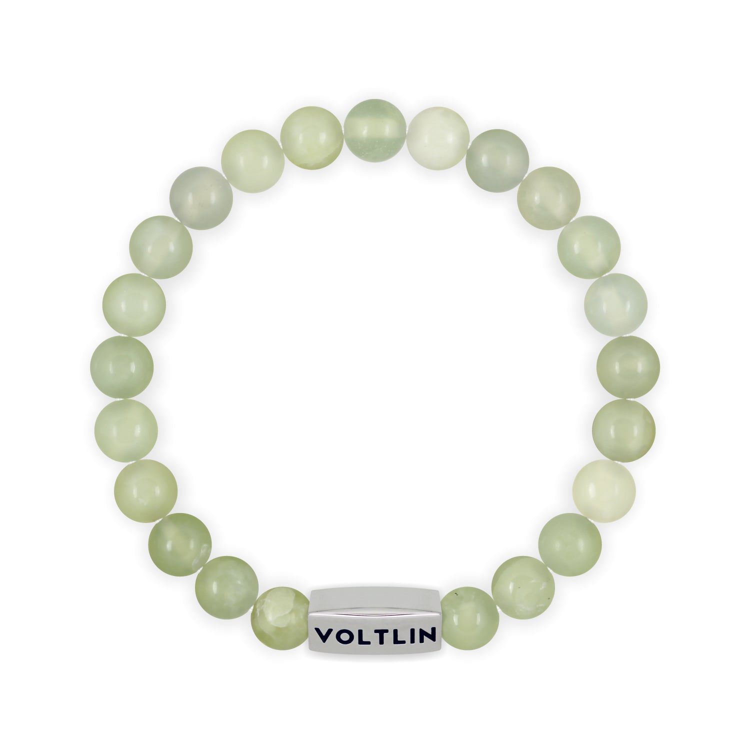 Front view of an 8mm Jade beaded stretch bracelet with silver stainless steel logo bead made by Voltlin