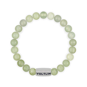 Top view of an 8mm Jade beaded stretch bracelet with silver stainless steel logo bead made by Voltlin