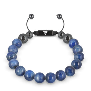 Front view of a 10mm Kyanite crystal beaded shamballa bracelet with black stainless steel logo bead made by Voltlin