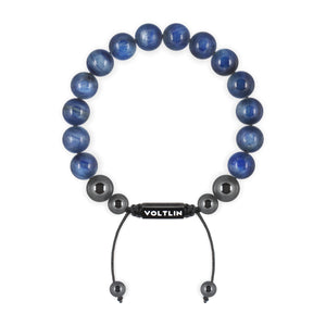 Top view of a 10mm Kyanite crystal beaded shamballa bracelet with black stainless steel logo bead made by Voltlin