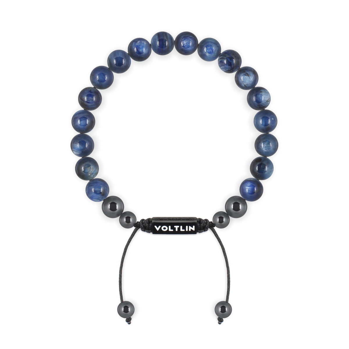 Top view of an 8mm Kyanite crystal beaded shamballa bracelet with black stainless steel logo bead made by Voltlin