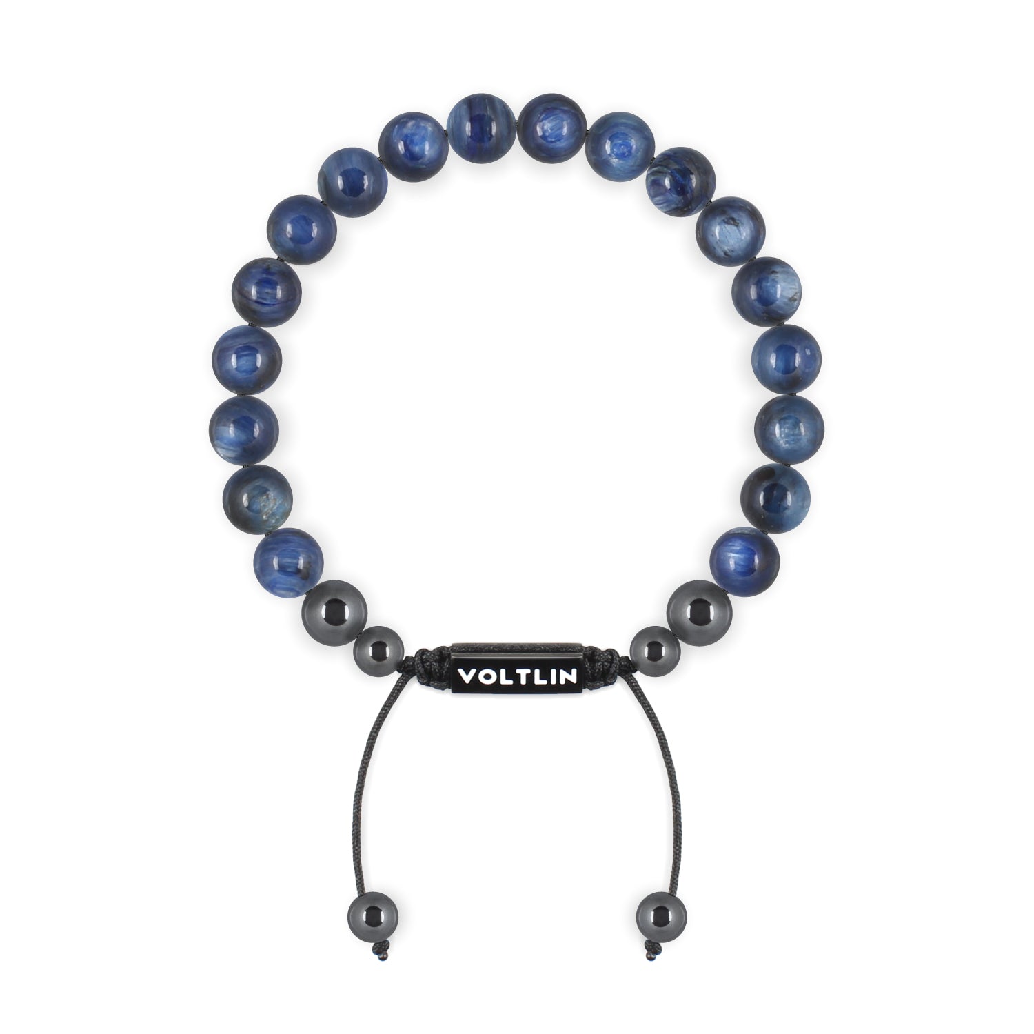 Front view of an 8mm Kyanite crystal beaded shamballa bracelet with black stainless steel logo bead made by Voltlin