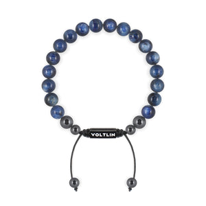 Top view of an 8mm Kyanite crystal beaded shamballa bracelet with black stainless steel logo bead made by Voltlin
