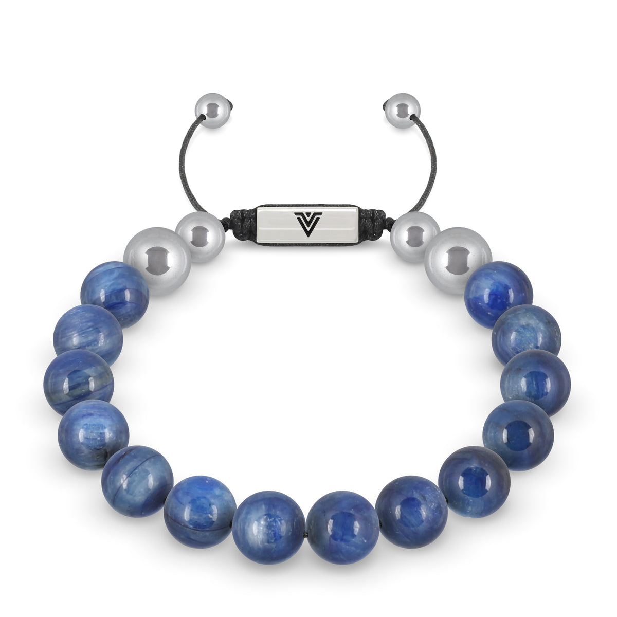 Front view of a 10mm Kyanite beaded shamballa bracelet with silver stainless steel logo bead made by Voltlin