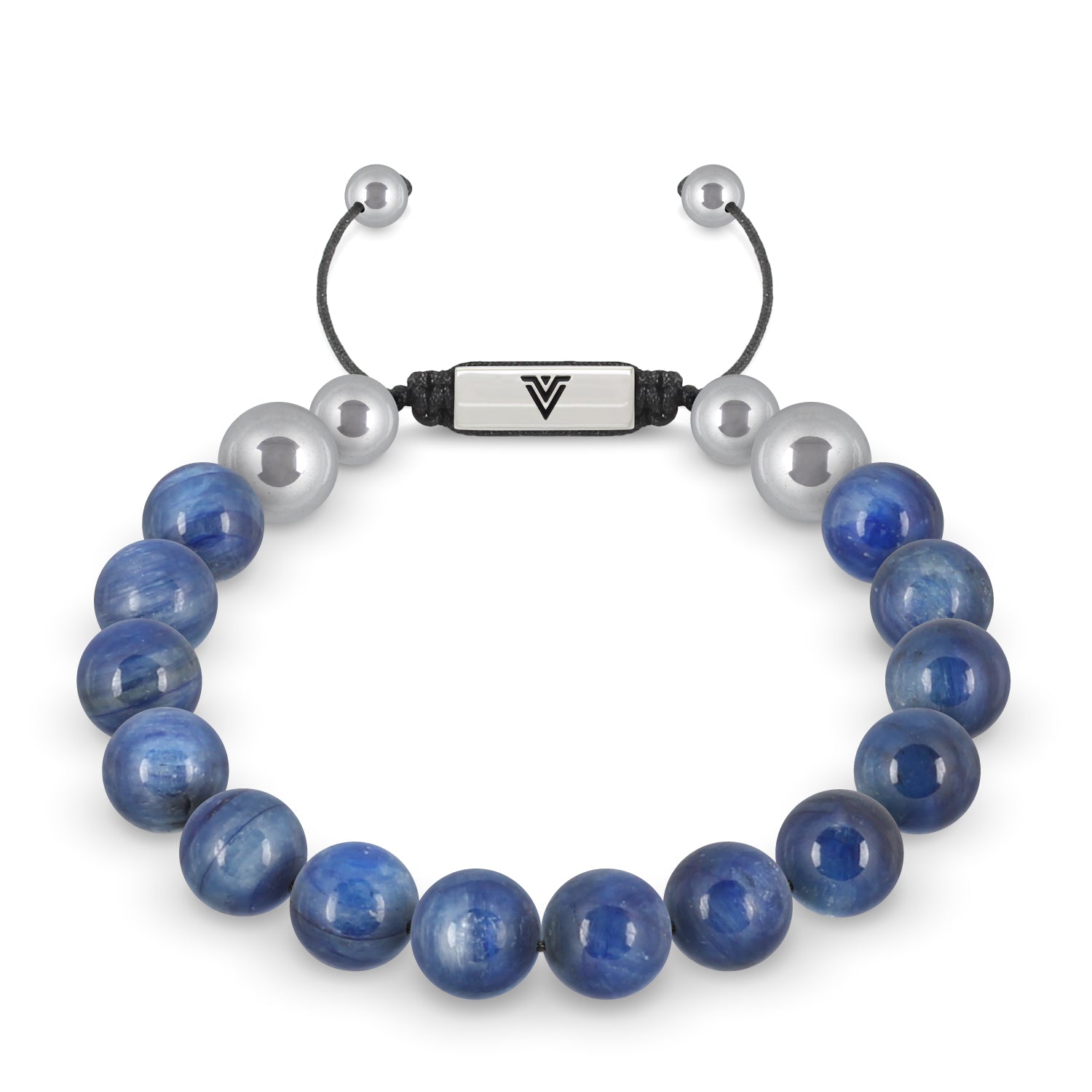 Front view of a 10mm Kyanite beaded shamballa bracelet with silver stainless steel logo bead made by Voltlin