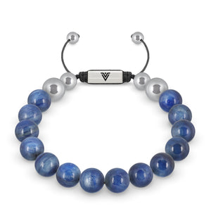 Front view of a 10mm Kyanite beaded shamballa bracelet with silver stainless steel logo bead made by Voltlin