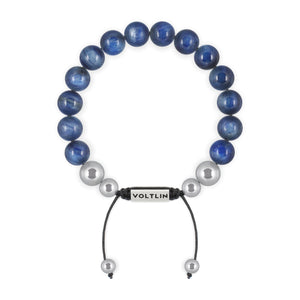 Top view of a 10mm Kyanite beaded shamballa bracelet with silver stainless steel logo bead made by Voltlin