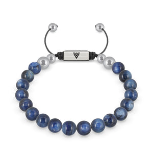 Front view of an 8mm Kyanite beaded shamballa bracelet with silver stainless steel logo bead made by Voltlin