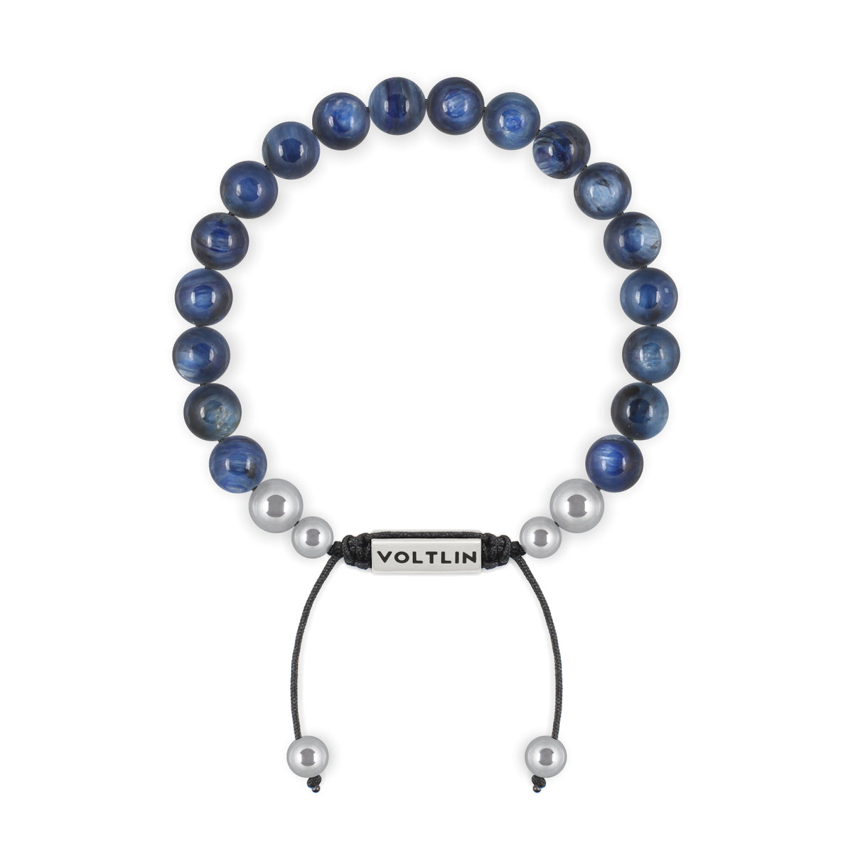 Top view of an 8mm Kyanite beaded shamballa bracelet with silver stainless steel logo bead made by Voltlin