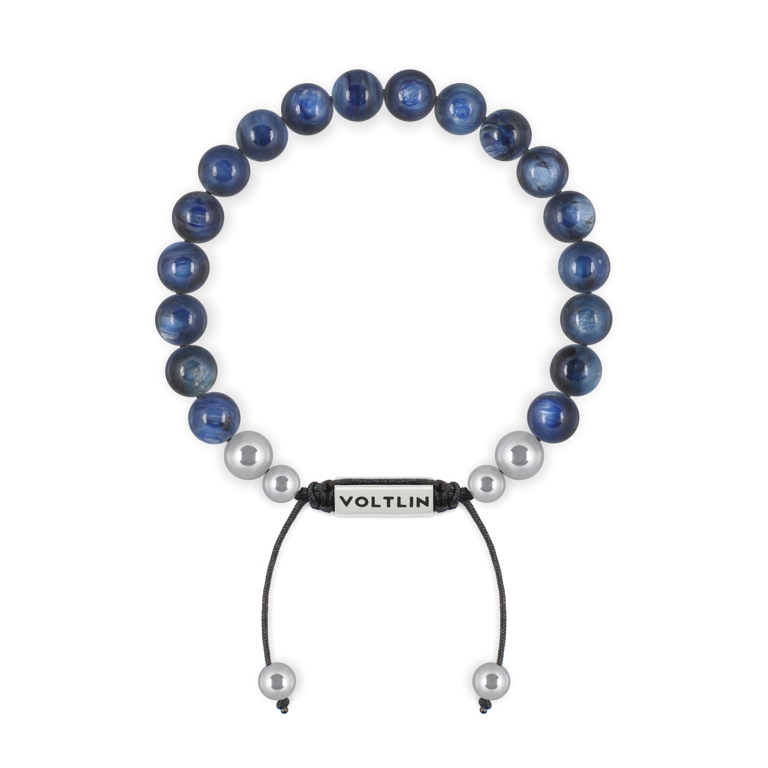 Top view of an 8mm Kyanite beaded shamballa bracelet with silver stainless steel logo bead made by Voltlin