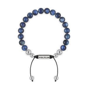 Top view of an 8mm Kyanite beaded shamballa bracelet with silver stainless steel logo bead made by Voltlin