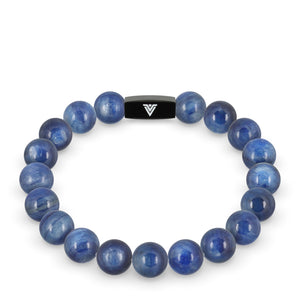 Front view of a 10mm Kyanite crystal beaded stretch bracelet with black stainless steel logo bead made by Voltlin
