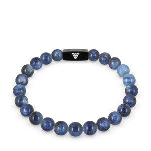 Front view of an 8mm Kyanite crystal beaded stretch bracelet with black stainless steel logo bead made by Voltlin