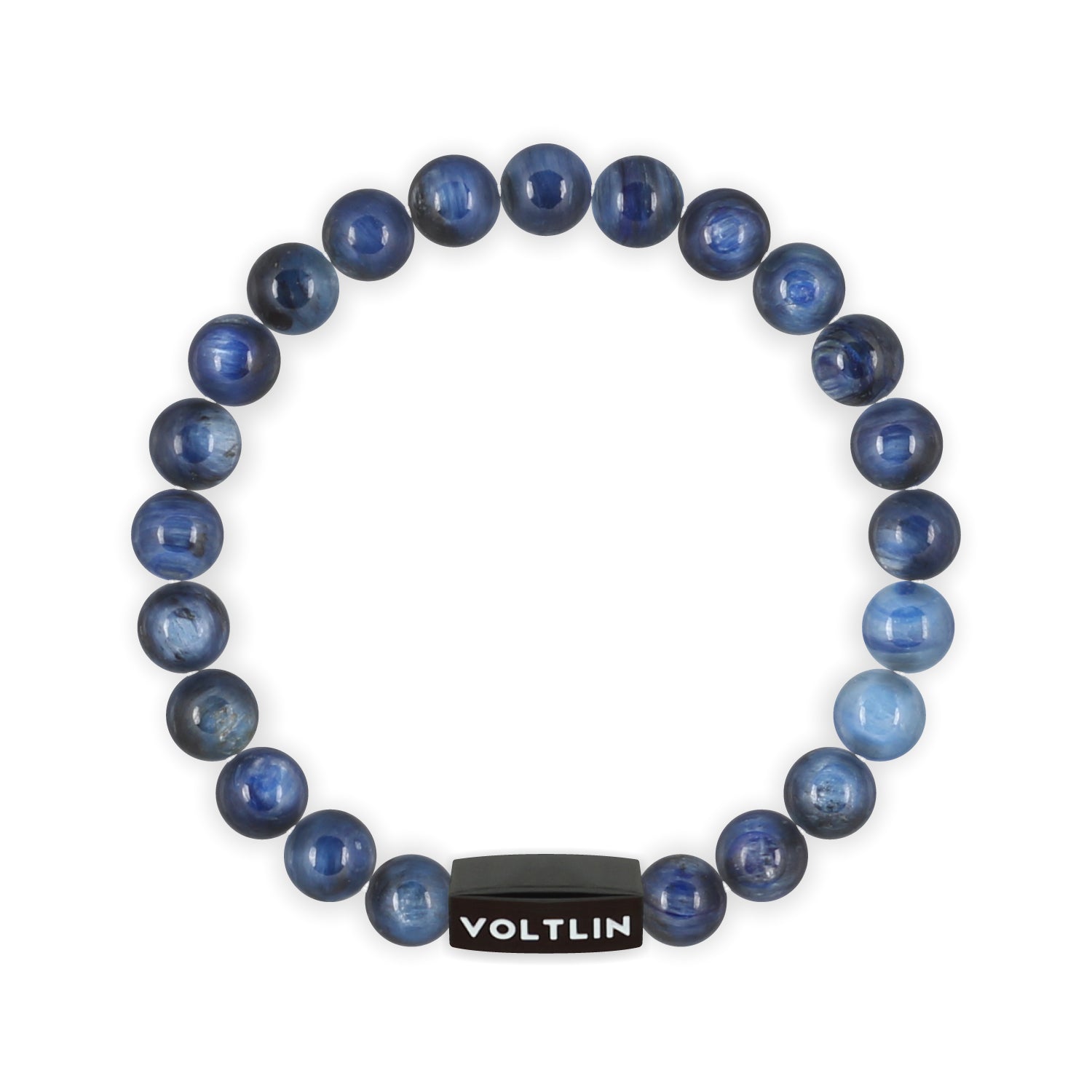 Front view of an 8mm Kyanite crystal beaded stretch bracelet with black stainless steel logo bead made by Voltlin
