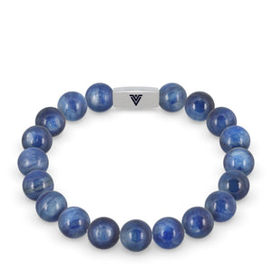 Front view of a 10mm Kyanite beaded stretch bracelet with silver stainless steel logo bead made by Voltlin