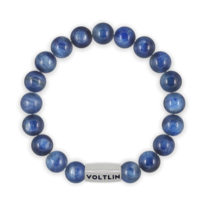 Top view of a 10mm Kyanite beaded stretch bracelet with silver stainless steel logo bead made by Voltlin
