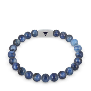 Front view of an 8mm Kyanite beaded stretch bracelet with silver stainless steel logo bead made by Voltlin