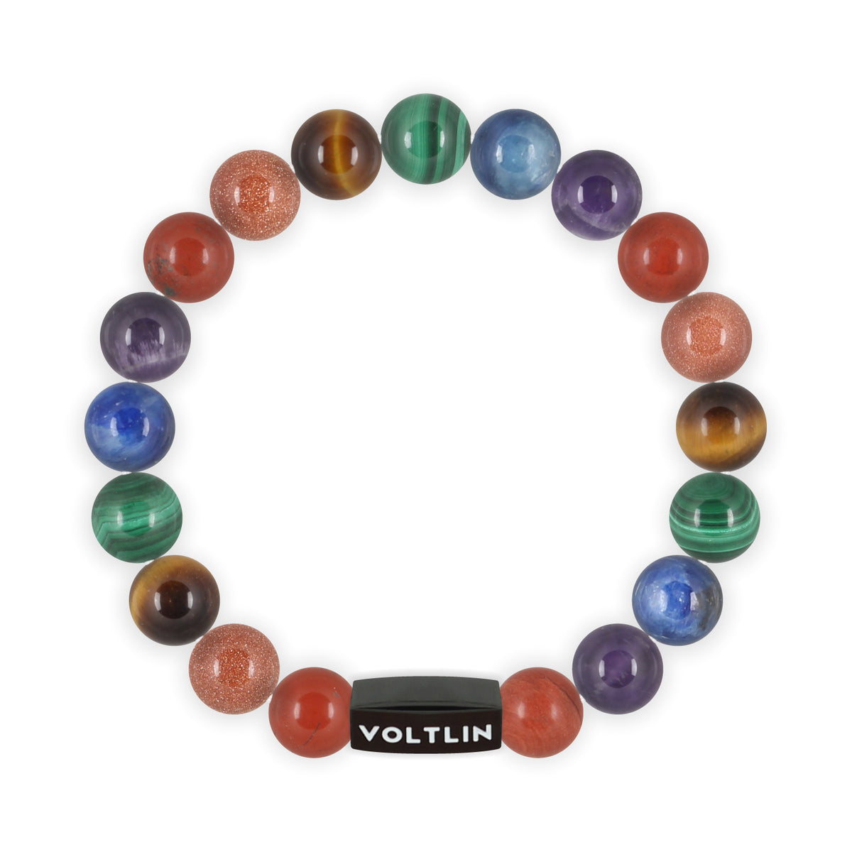 Top view of a 10mm LGBTQ Pride crystal beaded stretch bracelet with black stainless steel logo bead made by Voltlin