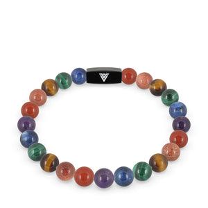 Front view of an 8mm LGBTQ Pride crystal beaded stretch bracelet with black stainless steel logo bead made by Voltlin
