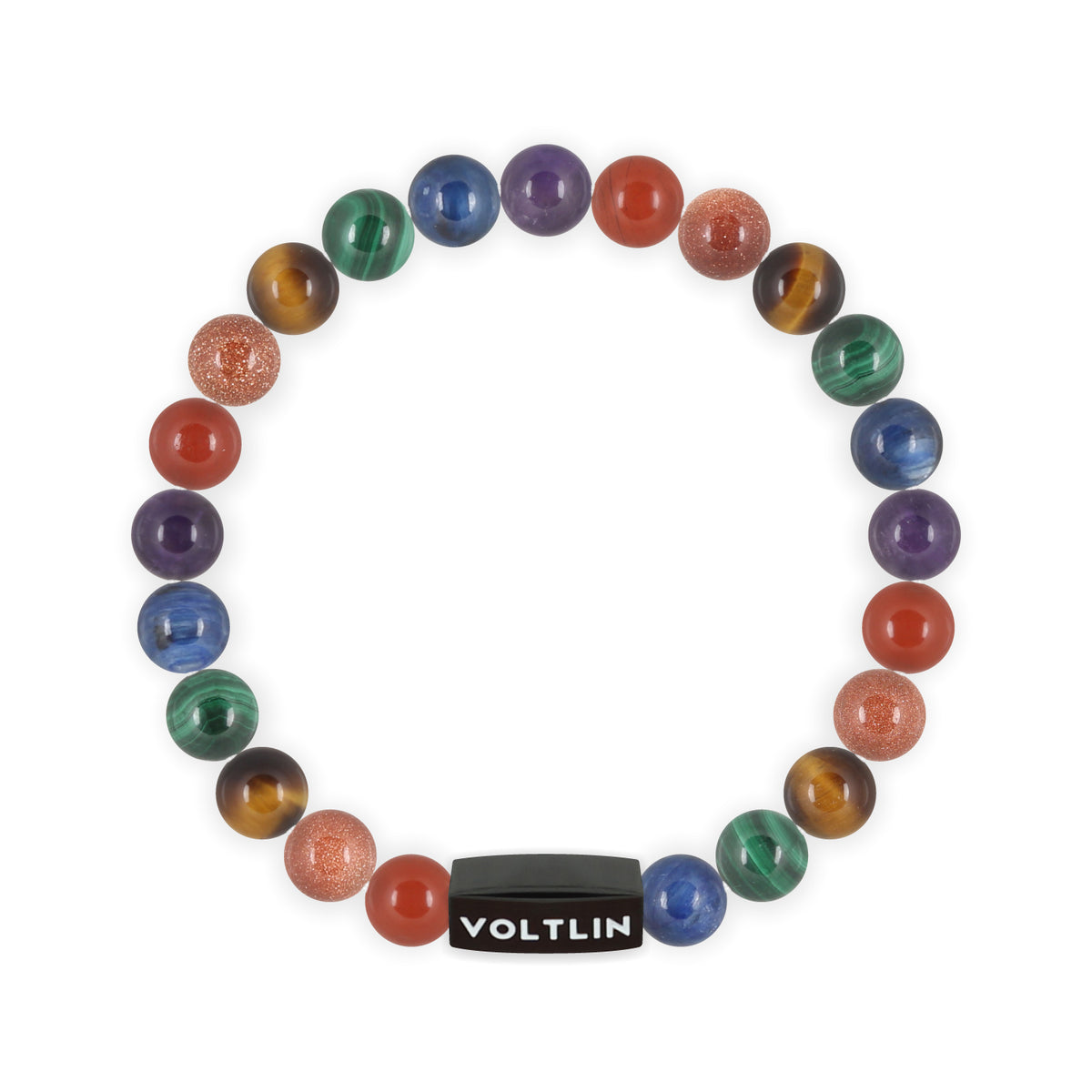 Top view of an 8mm LGBTQ Pride crystal beaded stretch bracelet with black stainless steel logo bead made by Voltlin